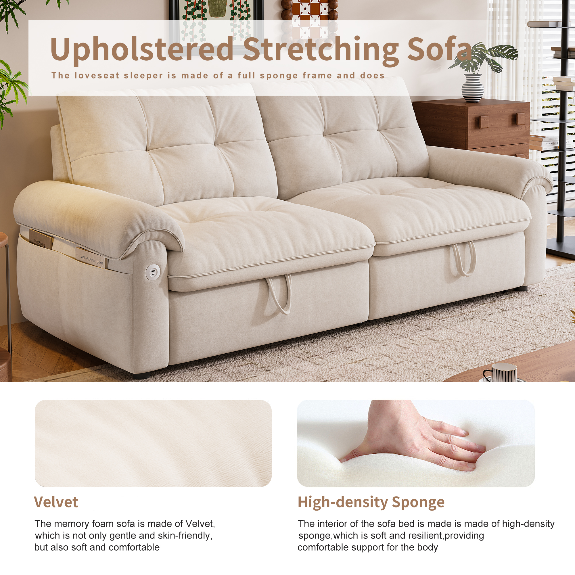 LLappuil 77" Pull Out Sofa Bed Queen Size, Loveseat Sofa Convertible Sleeper Sofa Bed, Flannelette Fabric Sofa Couch for Living Room Beige