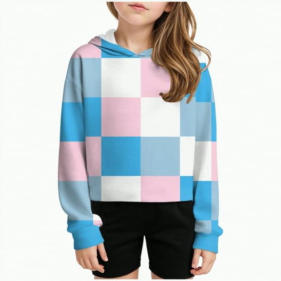 mgoYE Hoodie for Teenager Girls Crop Tops Kids Hoodies Cute Plaid Color Block Shirts Long Sleeve Cropped Casual Pullover Fashion Sweatshirts|Blue 12-13 Years