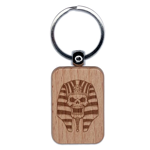 Egyptian Pharaoh Skull Rectangle Keychain Charm Tag - Engraved Wood
