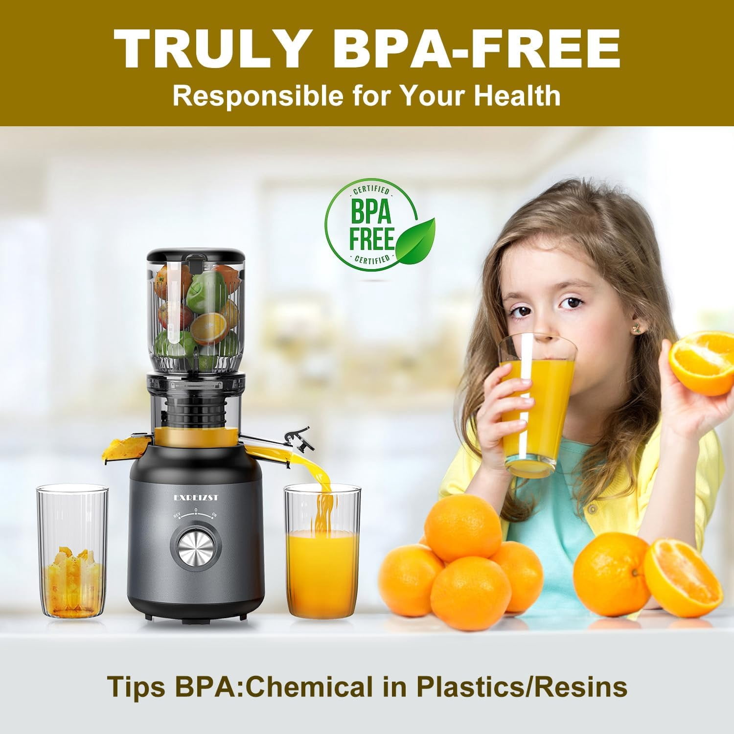 Cold Press Juicer with 4.2 Inch Feed Chute, 250W Masticating Slow  Extractor for Whole Fruit and Vegetable,  Easy Clean