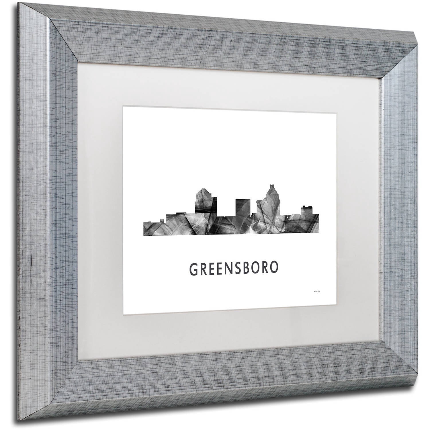 Trademark Fine Art 'Greensboro NC Skyline WB-BW' Canvas Art by Marlene Watson, White Matte, Silver Frame