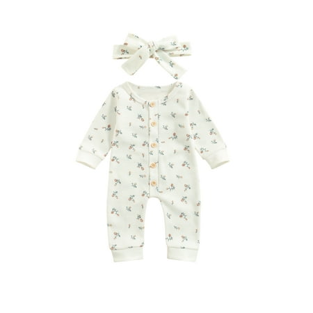 

CenturyX 2Pcs Newborn Baby Girls Romper Outfit Autumn Floral Printing Long Sleeve Single-breasted Jumpsuit Headwear Set