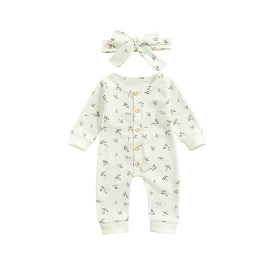 Qiylii Baby Girls Floral Romper, Long Sleeve Single-breasted Jumpsuit+ Headband