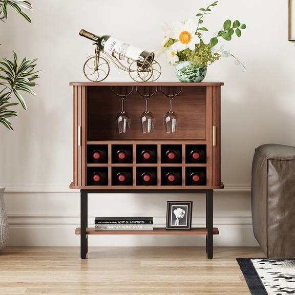 Wine Bar Cabinet with Storage, Fluted Liquor & Coffee Bar Cabinet with Sliding Tambour Door,Wine Rack and Glass Holder, Buffet Sideboard for Home Kitchen Living Dining Room