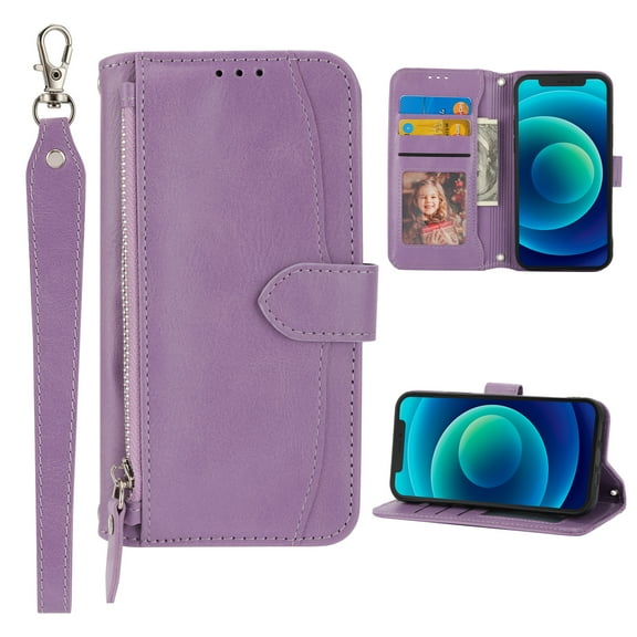 TECH CIRCLE Case for Samsung Galaxy A73 5G 6.7 inch,Luxury Leather Magnetic Flip Kickstand Shockproof Zipper Wallet Protective Cover with Hand Strap,Purple