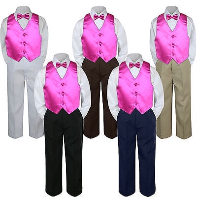 4pc Boy Toddler Formal Fuchsia Pink Vest Necktie White Khaki Navy Shorts sz S-4T 