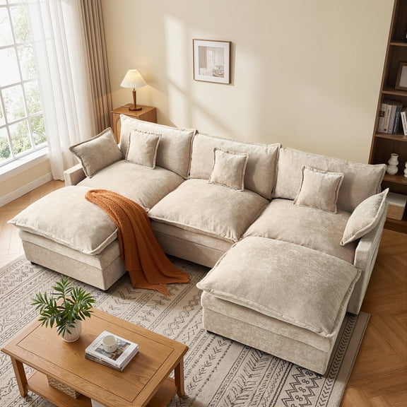Vcatnet 107" Modular Sectional Sofa Couch Chenille Cloud Couch with 2 Ottomans L Shaped Oversized Living Room Furniture, Camel