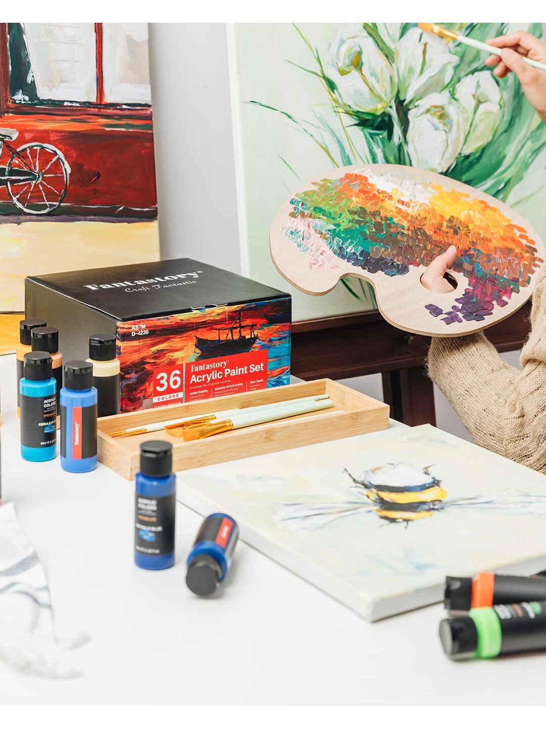 Fantastory Acrylic Paint Set 36 Colors(2oz/60ml) w/ 12 Brushes, Pro Craft Thick Paint Kits.