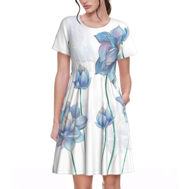 Fotbe Pale Blue Lotus Flowers Vestido Largo de Moda para Mujer, Vestido Tipo Camiseta con Manga Corta y Estilo Casual a Rayas y Bloques de Color