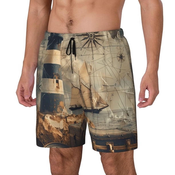 Balery Vintage Nautical Lighthouse Bañador para hombre, shorts de playa de secado rápido con entrepierna y forro de compresión-Medium