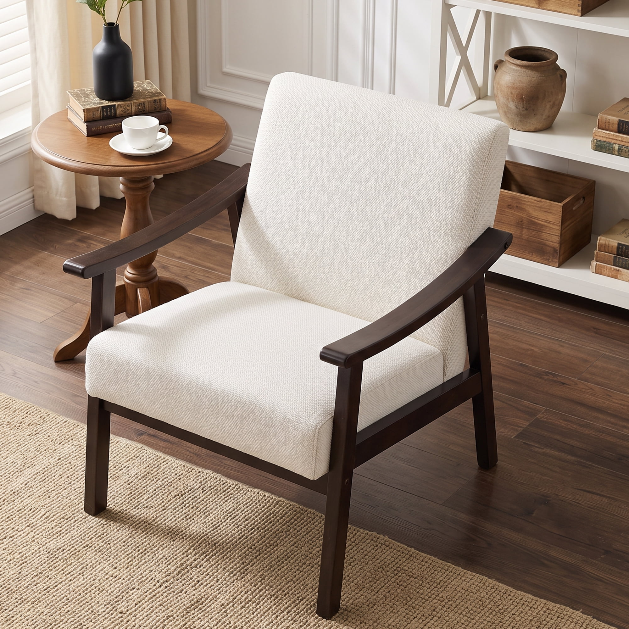 HOQBN Modern Armchair with High Back,Upholstered Living Room Chairs with Solid Wood Legs,Leisure Reading Chair for Living Room, Bedroom,White