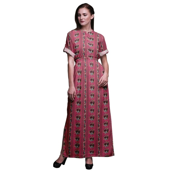 Bimba Rayon Leaves & Chrysanthemum Floral Printed Gown Kimono Sleeves Summer Long Maxi Slit Dress-XXX-Large
