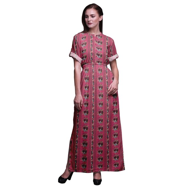 Bimba Robe d'Été Longue Maxi en Rayonne à Feuilles et Fleurs pour Femmes, Imprimée, Fente Latérale - X-Grand