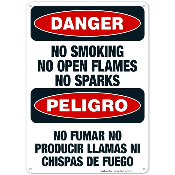 No Smoking No Open Flames No Sparks Bilingual Sign, OSHA Danger Sign, 10x14 Aluminum