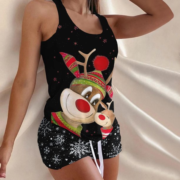 Christmas Pyjamas For Women Casual Print Tank Tops And Drawstring Shorts Set Sleeveless Suit Pajama Set Pyjamas Sleepwear