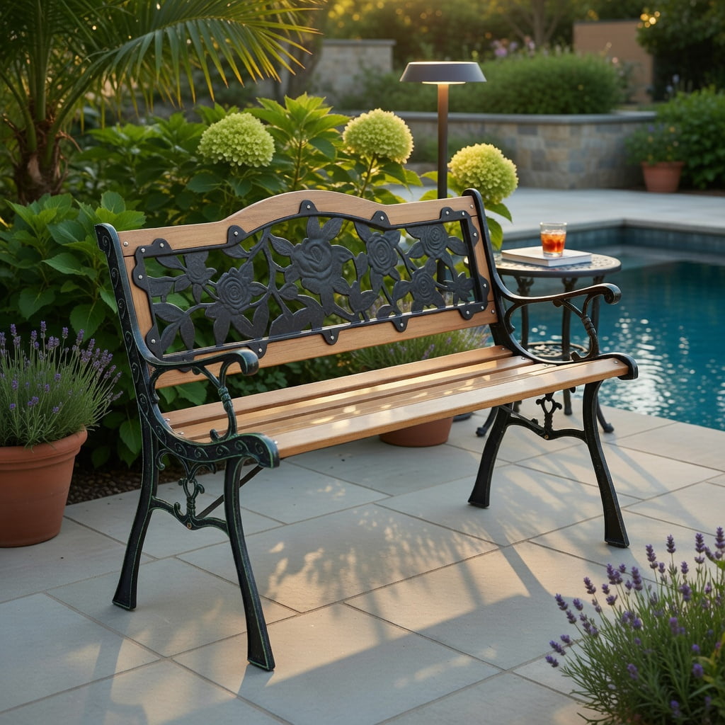 Hommoo Outdoor Wooden Garden Bench Loveseat with Powder-Coated Iron Frame, Heavy, Rust-Resistant, Easy Assembly, Black + Natural