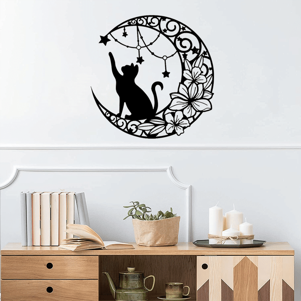 Gothic Black Cat Metal Wall Art Vintage Iron Decor for Halloween Garden Patio Living Room