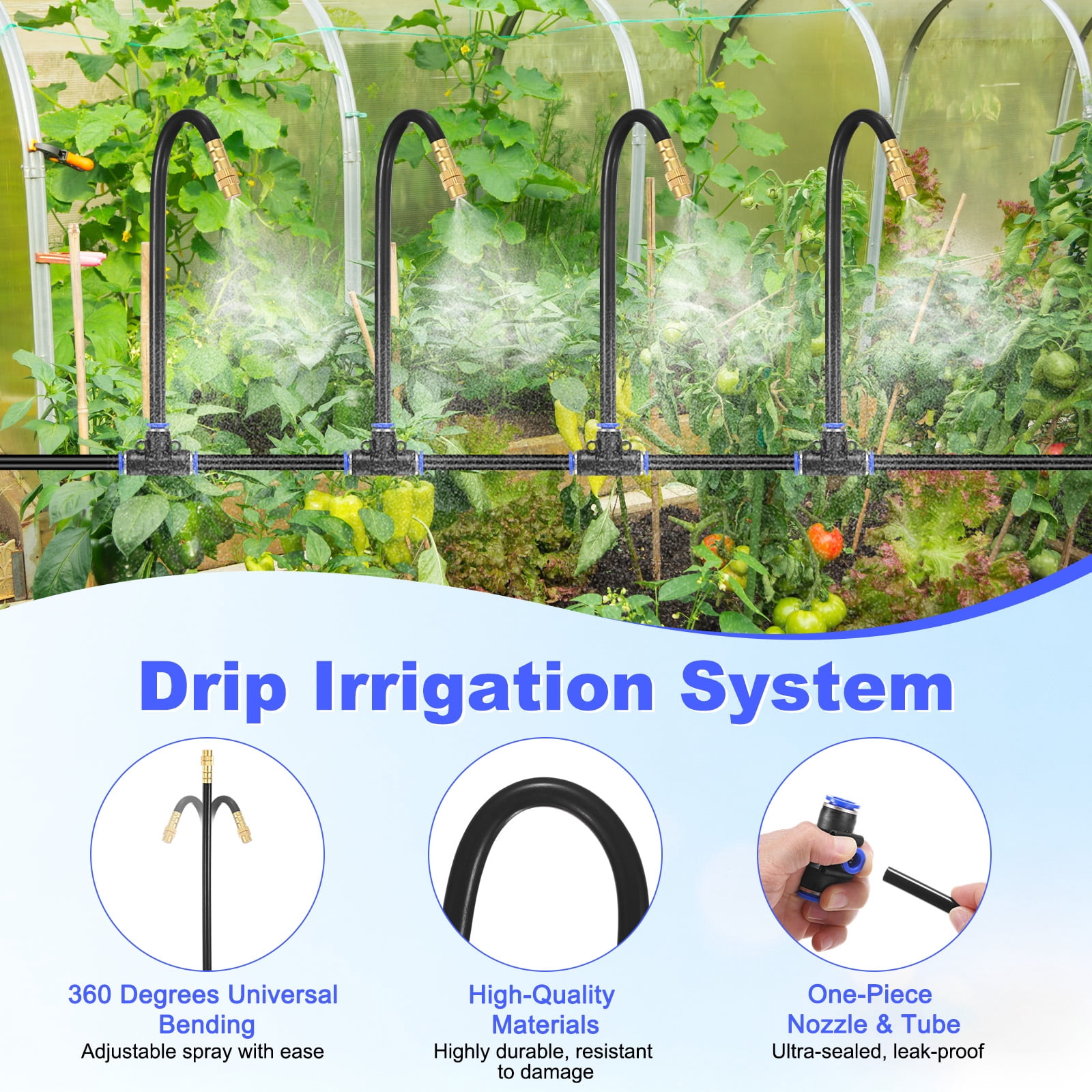 Uxcell 1-Set Drip Irrigation Systems, 98Ft 1/4" Hose Garden Watering Misting System with 16pcs 360° Adjustable Copper Nozzles