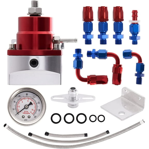 Top10 Racing Adjustable Fuel Pressure Regulator Set Universal EFI FPR with 0-160 Psi Gauge 6AN - 6AN Feed & Return Fuel Line Hose Fitting Connectors Kit Blue & Red…