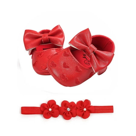 

Carolilly Baby Baptism Shoes and Headband Set Cute Heart Princess Dress Shoes and Flower Hairband for Infant Newborn Girls