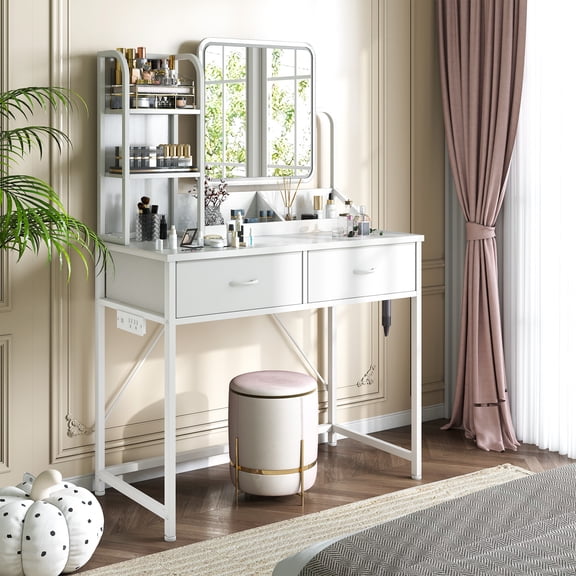 melmine Makeup Vanity Table for Small Spaces Dressing Table with Mirror & LED Lights Makeup Desk with 2 Fabric Drawers & USB Port for Bedroom, White