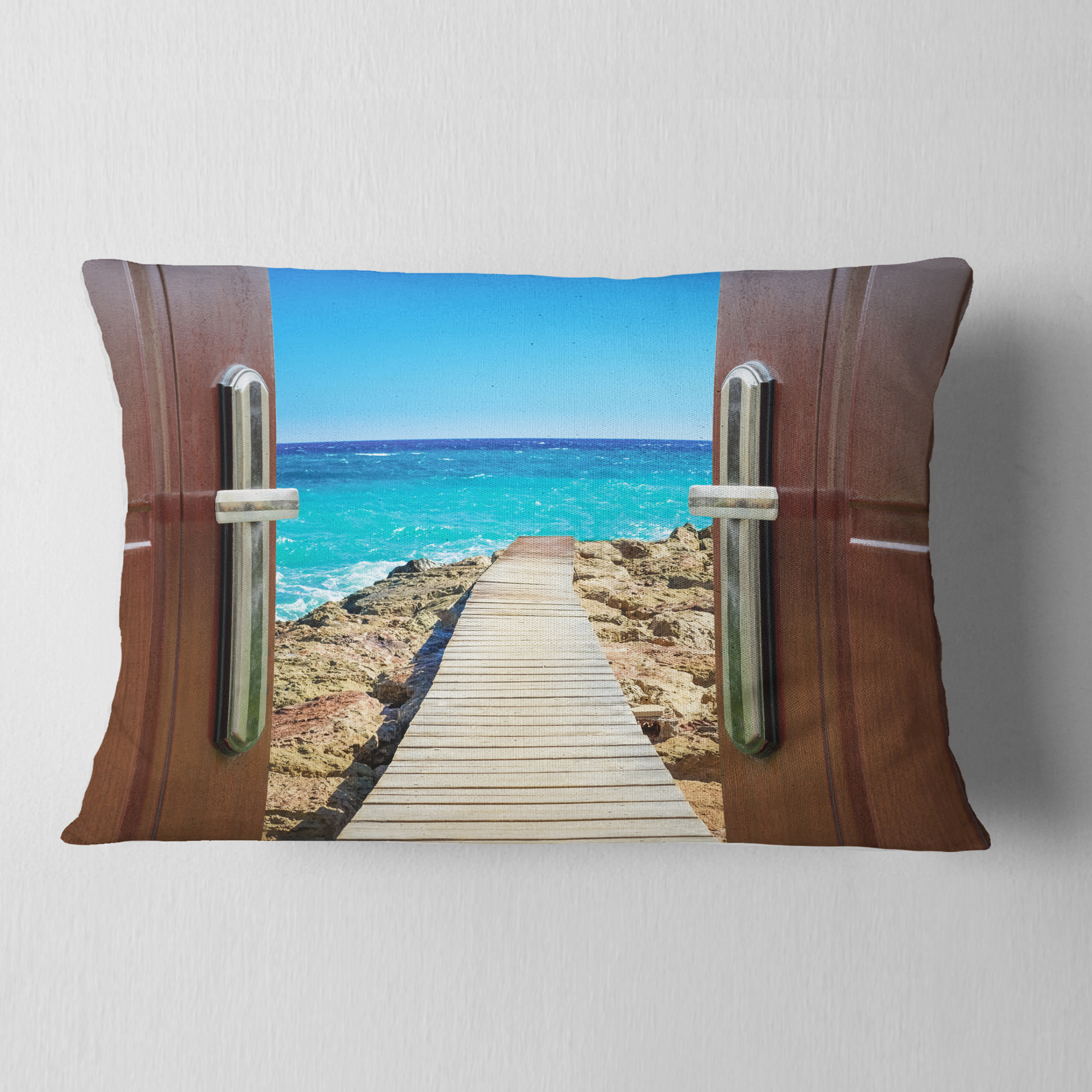 Designart Door Open to Wooden Ocean Pier - Wooden Sea Bridge Throw Pillow - 12x20