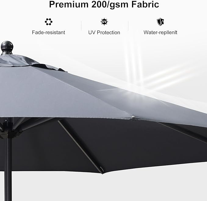 PURPLE LEAF 11' Round Patio Market Umbrella Outdoor Table Sun Umbrellas with Crank 8 Aluminum Sturdy Ribs for Pool Deck Backyard Beach Grey
