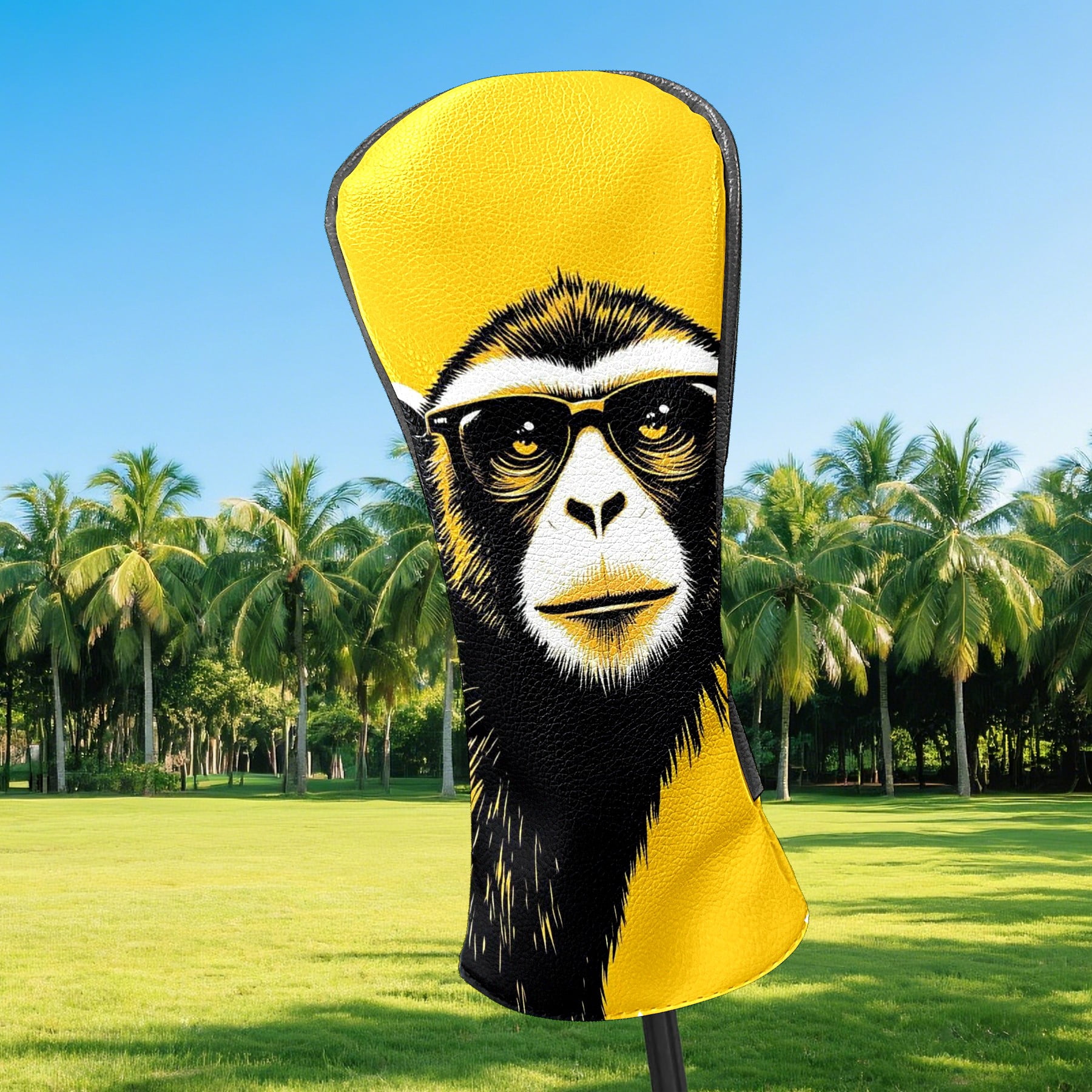 Golf Club Covers, Monkey Yellow Premium PU Leather Driver Hybrid Putter Head Covers with Velvet Lining, Waterproof Golf Gifts for Men Women