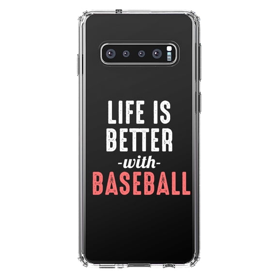 DistinctInk Clear Shockproof Hybrid Case for Samsung Galaxy S10 (6.1" Screen) - TPU Bumper Acrylic Back Tempered Glass Screen Protector - Life is Better with Baseball