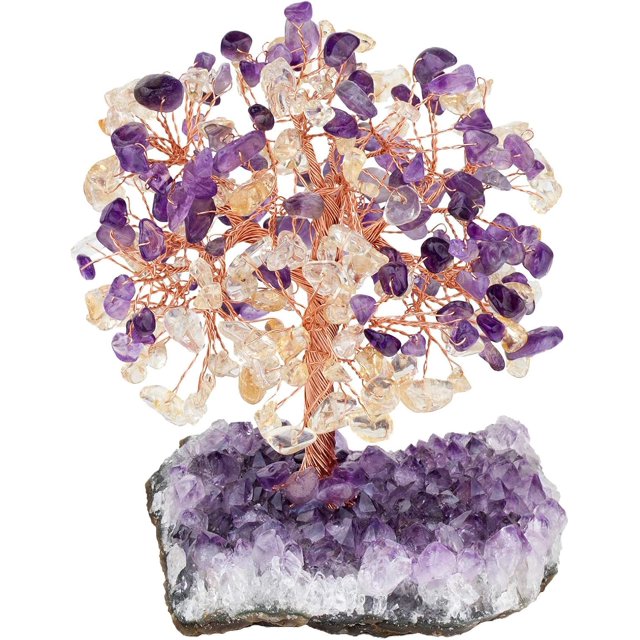 Árbol de cristal natural de cuarzo rosa, aguamarina y amatista con base de cristal de racimo de amatista, figuras de árbol de dinero, decoración de escritorio Feng Shui, decoración de altar de mesa