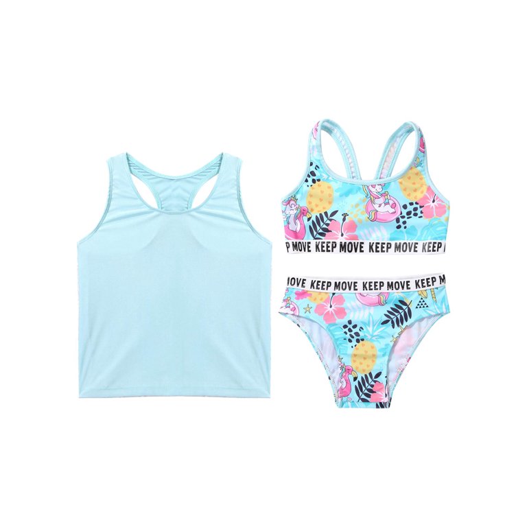 iEFiEL 3Pcs Girls Swimming Suit Cropped Vest Tops and Briefs Set Teens  Tweens Beach Bikini Swimwear Bathing Suit,Sizes 4-16 Starfish White 6 