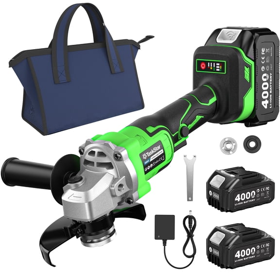 TaskStar 21V Cordless Angle Grinder, 2x4.0Ah Battery &  Charger, 10000RPM Brushless Motor, Power Angle Grinder with Cutting & Grinding Wheels, Flap Discs for Wood Metal & Rust Removal