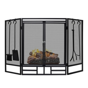 Buytoshop Fireplace Screen with Doors Large Flat Guard Fire Screens with Tools, Black