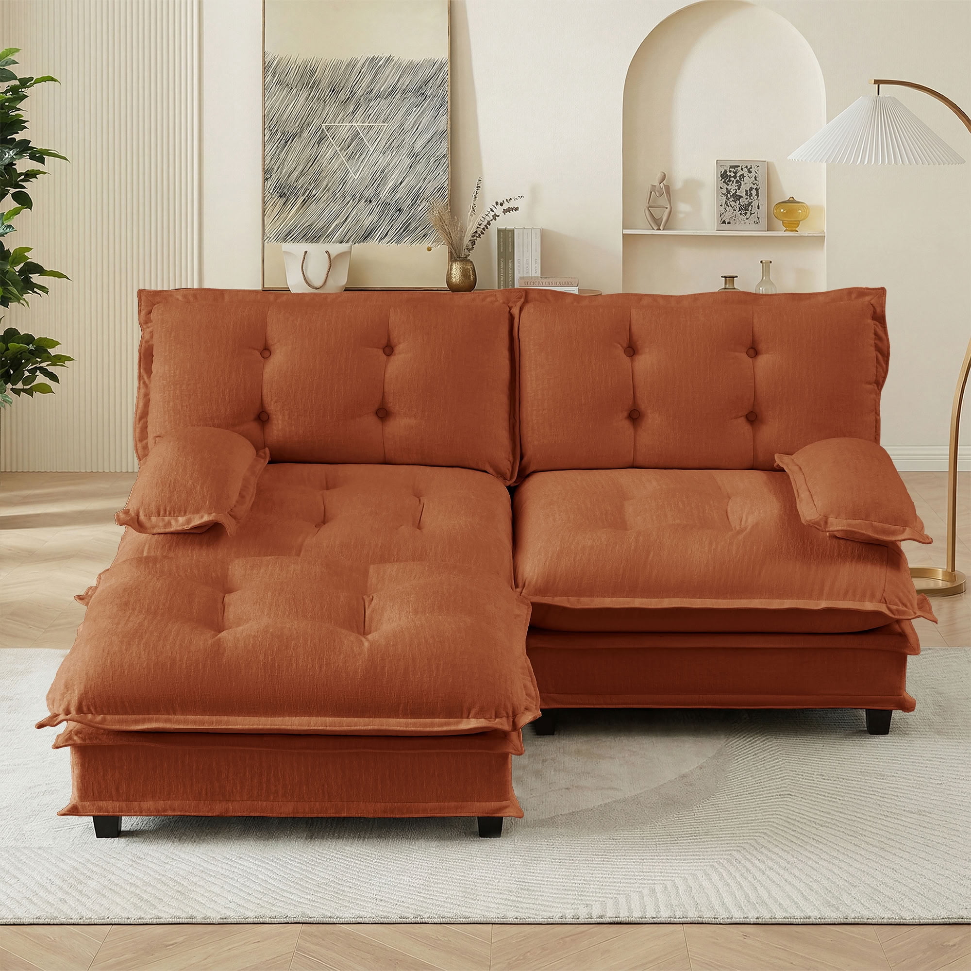 MAYEERTY 77 Inch L-Shaped Sectional Sofa with Ottoman, Chenille 2-Seat Modular Couch, Solid Wood & Metal Frame for Living Room Bedroom Apartment