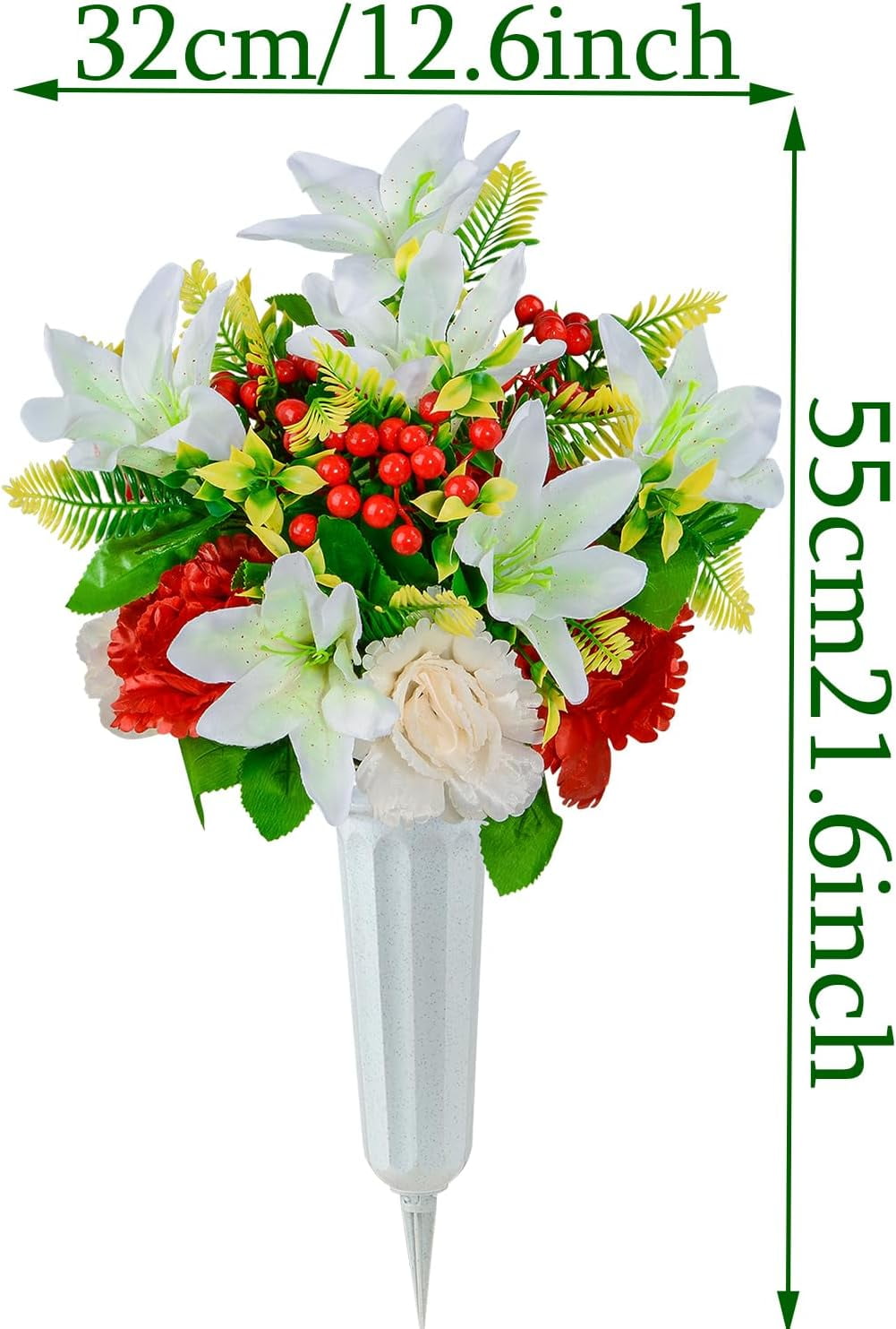 Cemetery Flowers, Set of Artificial Flowers Bouquet Grave Memorial Flowers with Vase for Cemetery Headstones Graveyard Decoration (White Lily)