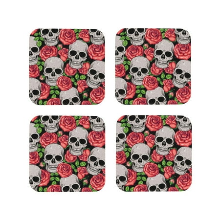 

Pofeuu Skull and Roses Print Coasters for Drinks 4Pack PU Leather Coasters Bar Drink Coasters for Tabletop Protection Furniture from Damage-Square