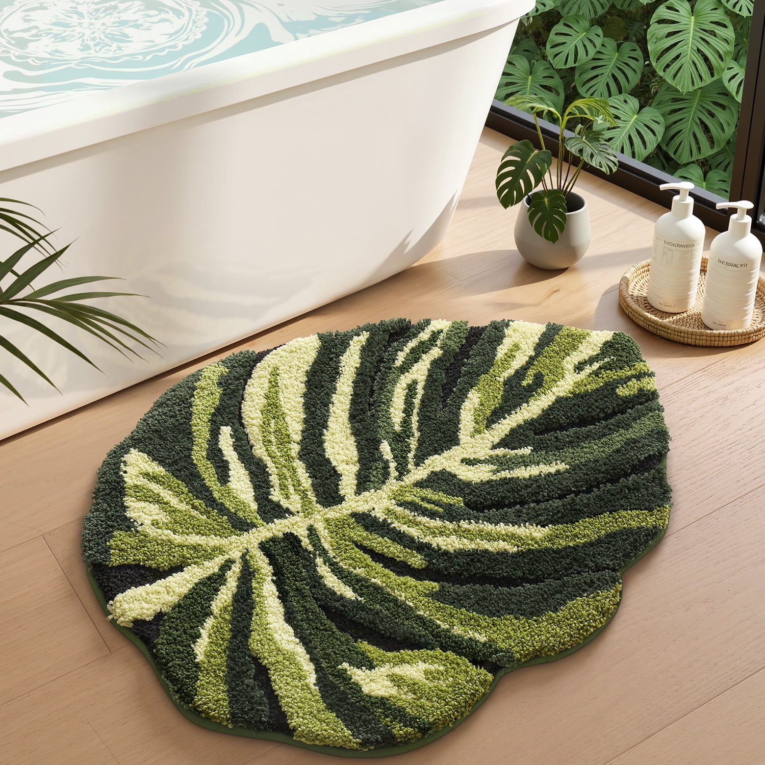 FRABE Cute Bathroom Rugs with Green Dark Monstera Leaf Plant, Soft Fluffy Plush, Absorbent Non Slip Bath Mat, Machine Washable,for Shower Floor,home, Bedroom, 24"x32"
