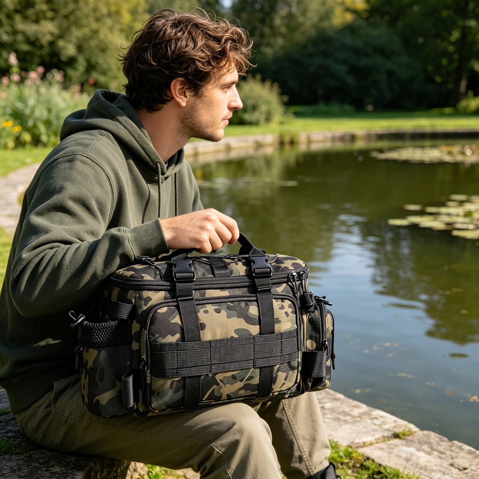 XINGXIANG-40cm Multifunctional Fishing Gear Bag Camo Durable Oxford Tackle Storage Bag with Adjustable Strap for Outdoor Sports (A)