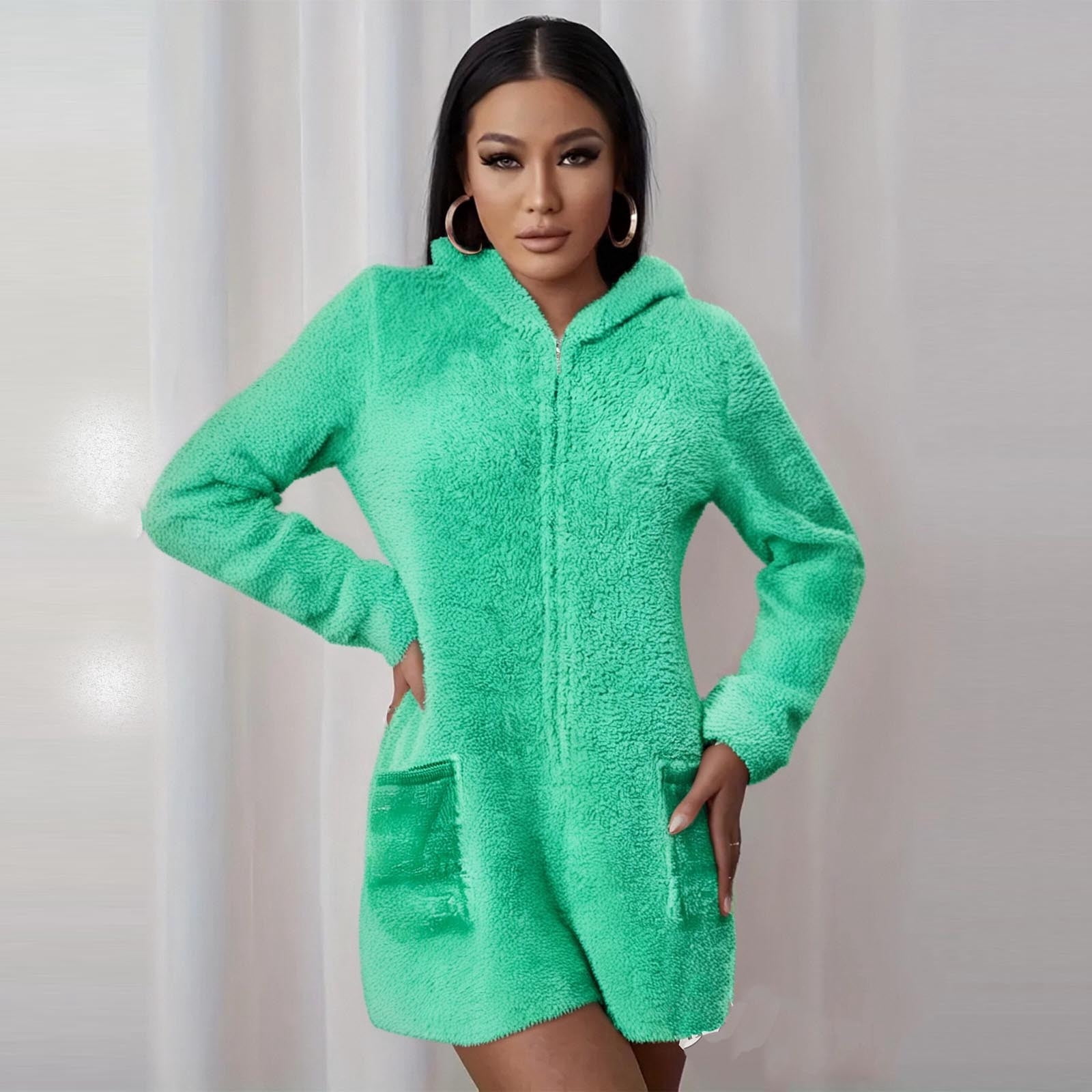 Womens Long Sleeve Onesies Pajamas Fuzzy Zip-Up Hooded Romper Warm Short Playsuit Jumpsuit Fleece Sherpa Sleepwear Green, XL