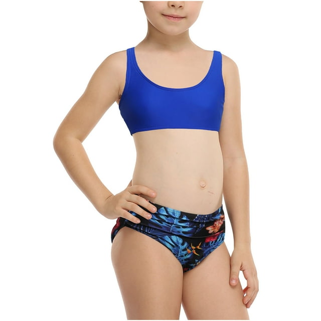 EGNMCR Girls Casual Cute Print Double Ruffle Split Swimsuit Beach Two-Piece Set Girl Set