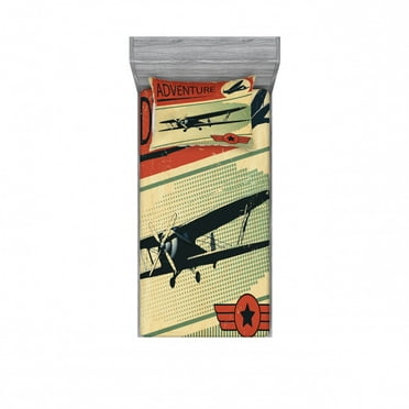 Ambesonne Vintage Fitted Sheet & Pillow Sham Set, Adventure with Plane, Twinxl, Multicolor