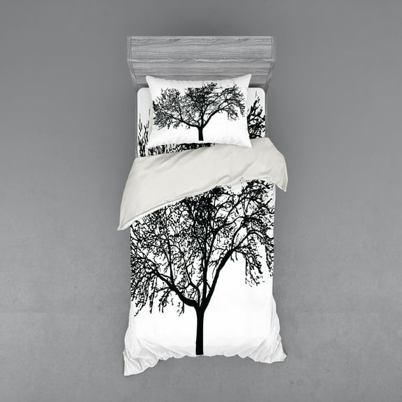 Ambesonne Tree Bedding Set 3 Pcs, Bare Branches Silhouette Art, Twin, Charcoal Grey White
