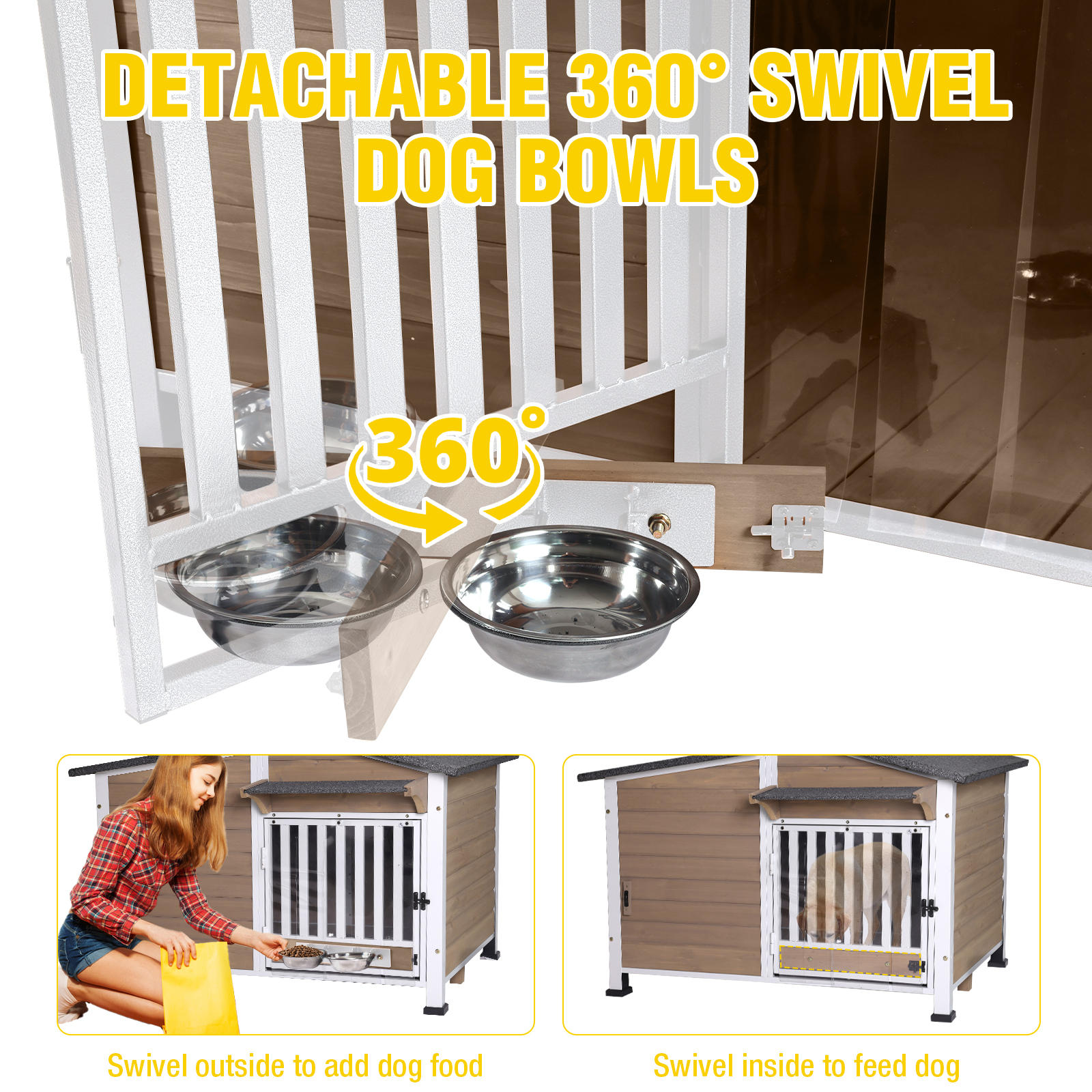 Aivituvin Heated Dog House with Heating Pad & Anti-Chewing Metal Frame, Insulated Wooden Dog Kennel with Unique Design Roof, Weatherproof Dog House for Indoor & Outdoor Use, Dark Brown