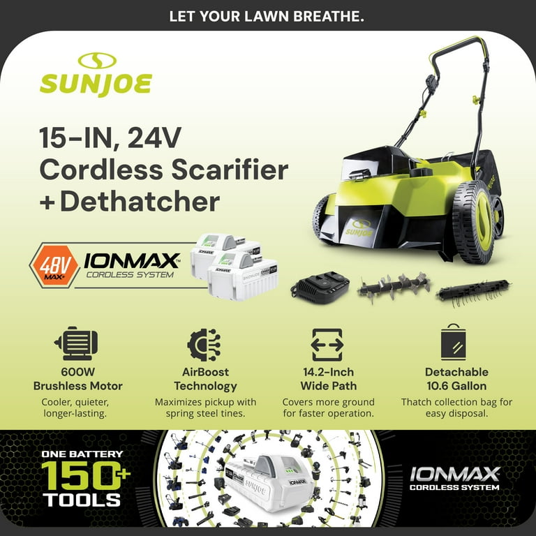 Sun Joe, Cordless Lawn Dethatcher and Scarifier, 15-inch, Green
