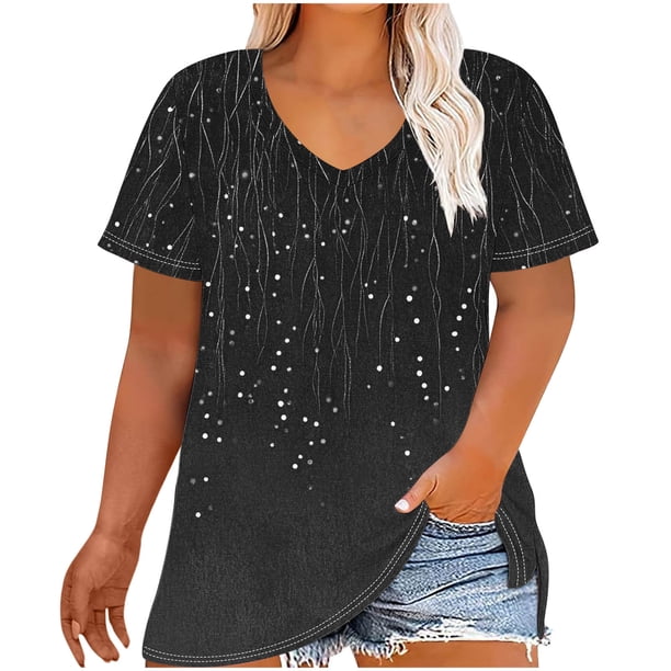 Camiseta de Base de Impresión de Manga Corta con Cuello en V para las Mujeres, Más Tamaño Estante de Imitación Casual Superior
