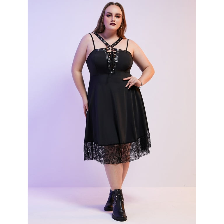 Rosegal Women's Lace Up Skulls Harness Plus Size Gothic Dress 