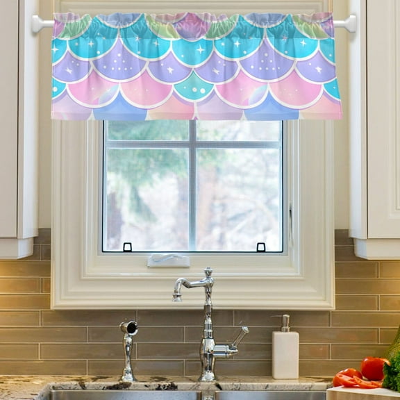Ryvnso Mermaid Scales Window Valance Kitchen Farmhouse Rod Pocket Short Curtain 54x18 inch