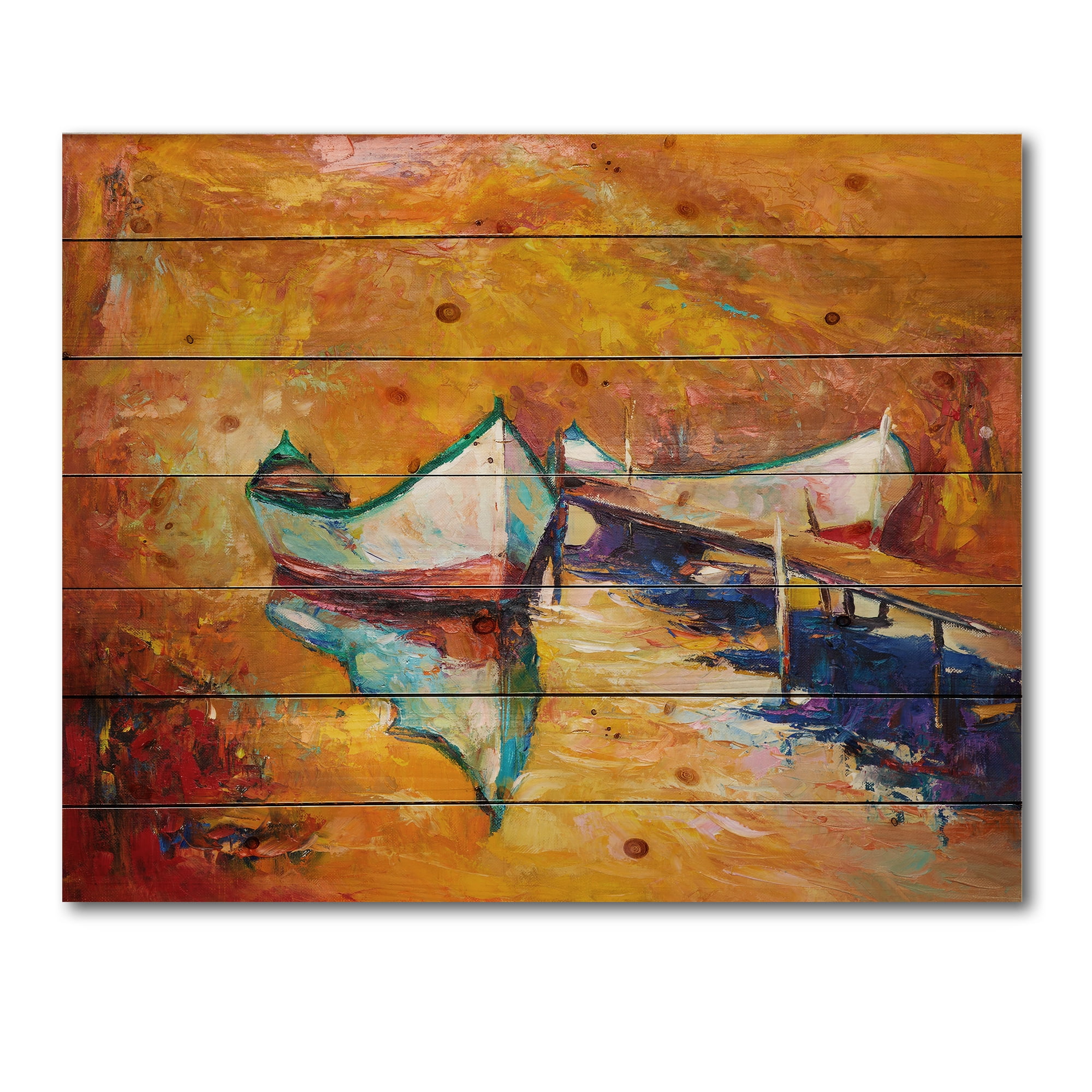 Designart 'Little Boat During Warm and Orange Evening' Nautical & Coastal Print on Natural Pine Wood