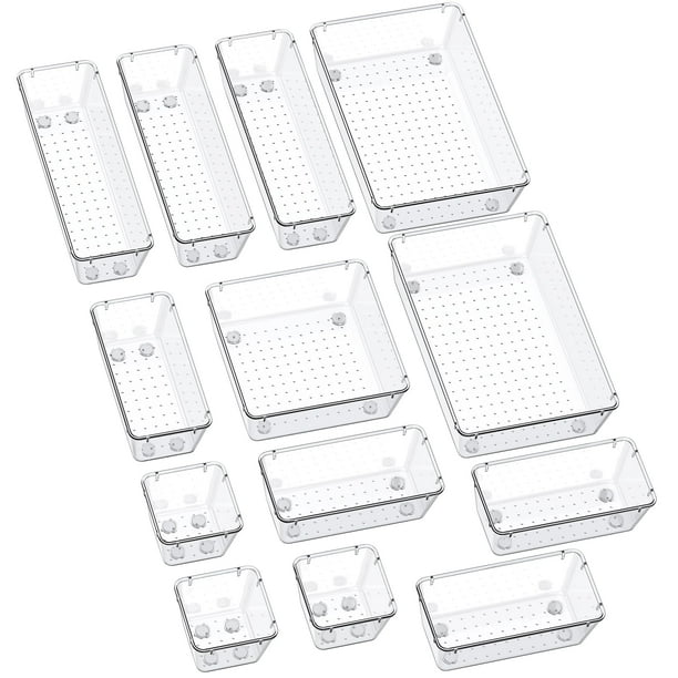 SMARTAKE Organizadores de cajones de 13 piezas con almohadillas de silicona antideslizantes, bandejas organizadoras de cajones de escritorio de 5 tamaños, bandeja de almacenamiento para maquillaje, jo