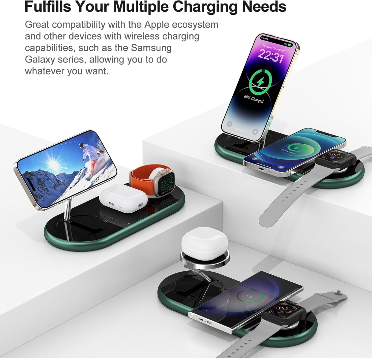 3 in 1 Charging Station for Apple Devices, Wireless Charger, Faster Mag-Safe Charger Stand, Magnetic Wireless Charger Station for iPhone 15 14 13 12, Apple Watch Iwacth and AirPods (Alpine Green)